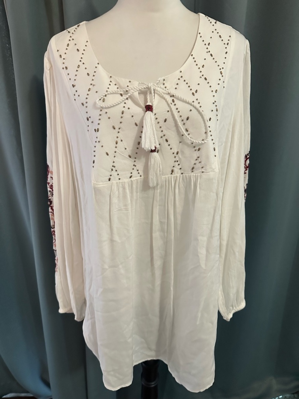 Style & Co Boho Peasant Blouse Womens XL Ivory Embroidered Tassel Tie Neck Sheer
